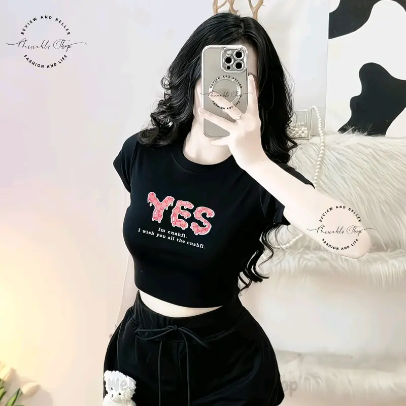 Áo Croptop Borip Ôm Body Nữ Form Basic Cổ Tròn Tay Ngắn In Chữ Yes, Women Thun Sen Sò Hoa Sen Trắng Kem Tre Tim Lịch Dáng Ngắn 6