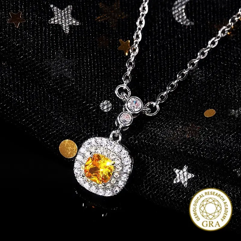 [Free GRA Certificate] S925 Moissanite Silver Yellow Diamond Pendant Necklace for Women Luxury