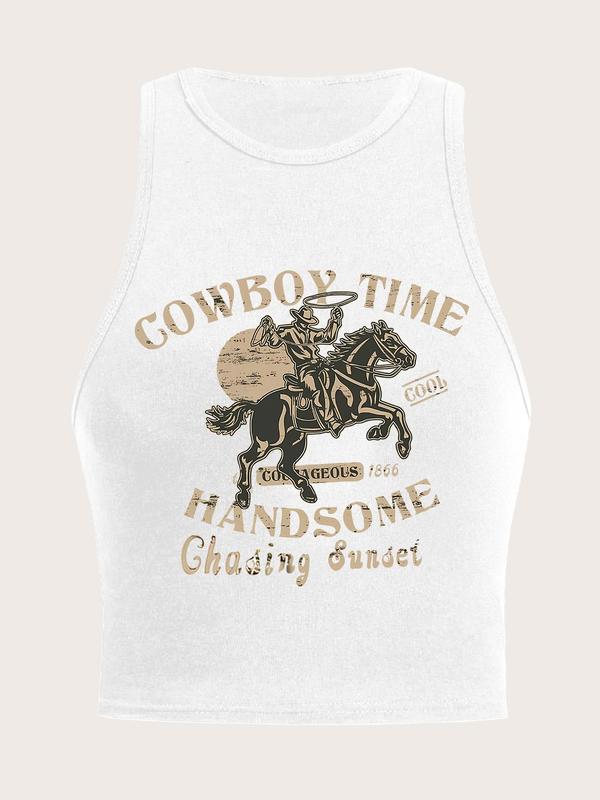 Women's "Cowboy Time" Slogan Print Round Neck Tank Crop Top, Casual Comfy Sleeveless Cropped Top for Daily Wear, Casual Top for All Seasons 4