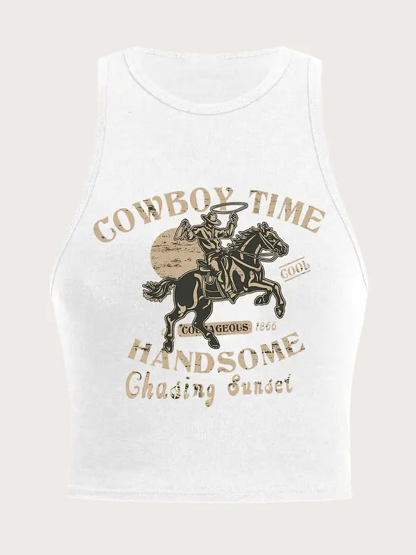 Women's "Cowboy Time" Slogan Print Round Neck Tank Crop Top, Casual Comfy Sleeveless Cropped Top for Daily Wear, Casual Top for All Seasons 4