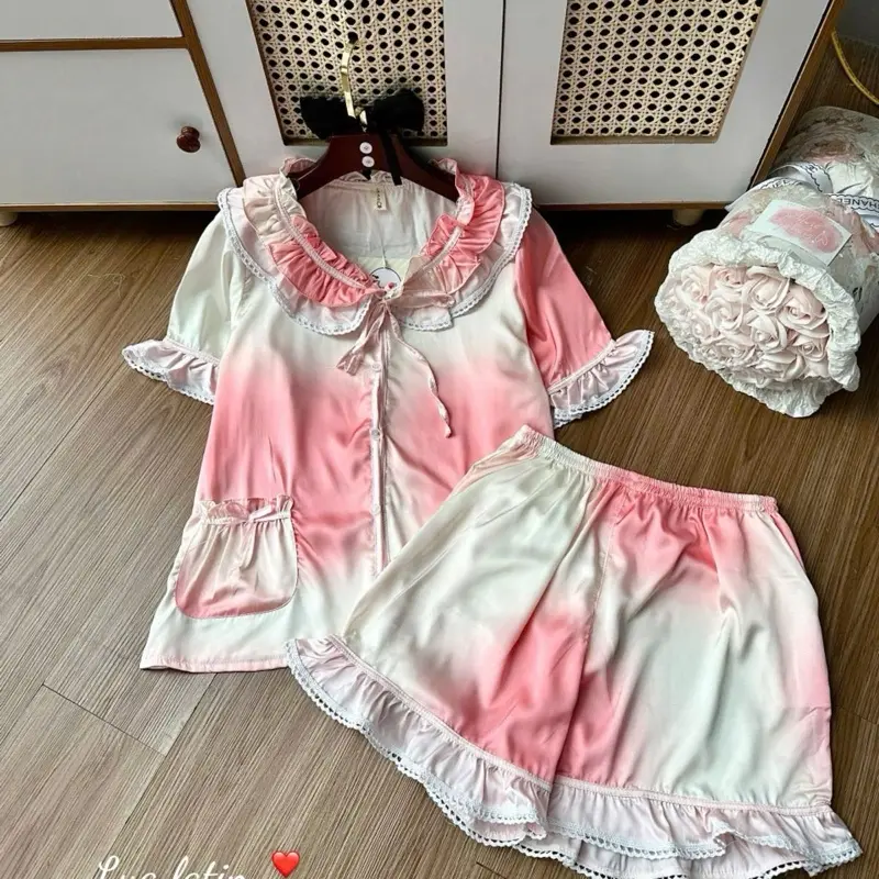 Đồ bộ pijama đùi lụa latin tơ tầm tiểu thư xinh xắn 40 đến 60kg cho Nữ - Nhung Voi Women Sen Nho