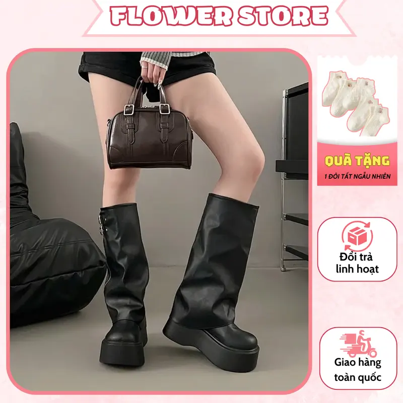 [ MUA 1 TẶNG 1 ]  Giày Bốt Đùi Nữ Đế Cao Ống Rộng Khóa Kim Loại Cao Cấp Cá Tính B07 - Boot, Shoes - Tặng 1d tất thêu hình ngẫu nhiên 0