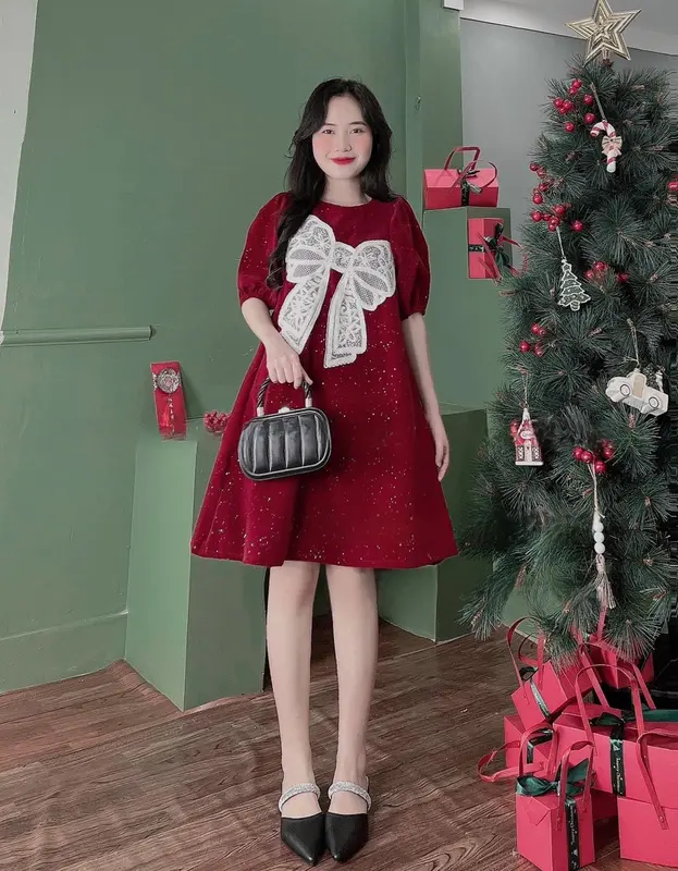 Váy đầm dáng xòe babydoll chất nhung kim tuyến phối bản nơ to cực xinh xắn váy  tiệc 2