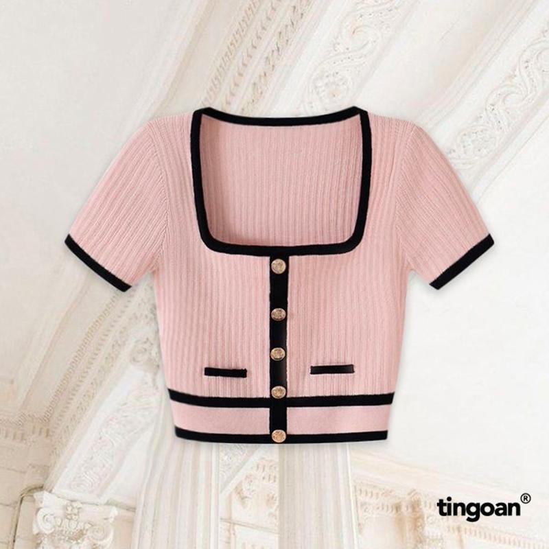 TINGOAN X TIKTOKSHOP- Áo croptop cổ vuông viền áo kẻ DARA TOP
