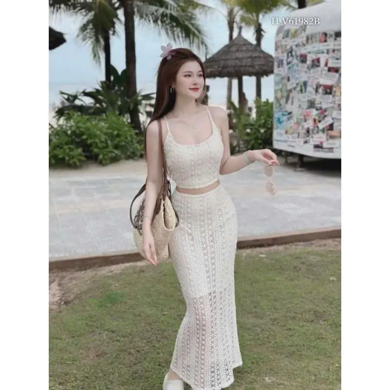 sét đồ đi biển nữ áo hai dây kèm chân váy dài (có lót) chất len ren thoáng mát 3