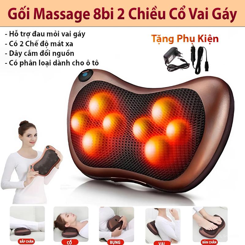 Gối Massage Hồng Ngoại 8 Bi 2 Chiều Cao Cấp - Máy, Gối Mát Xa Cổ Vai Gáy Đa Năng Bảo Hành 24 Tháng