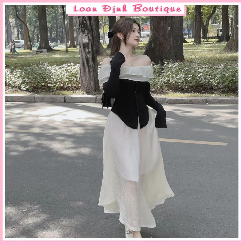 Set Áo Trễ Vai Tăm Phối Bèo Cúc Ngọc Tay Loe Chân Váy Tơ Dáng Dài 2 Lớp Loan Định Boutique LD137 Nữ