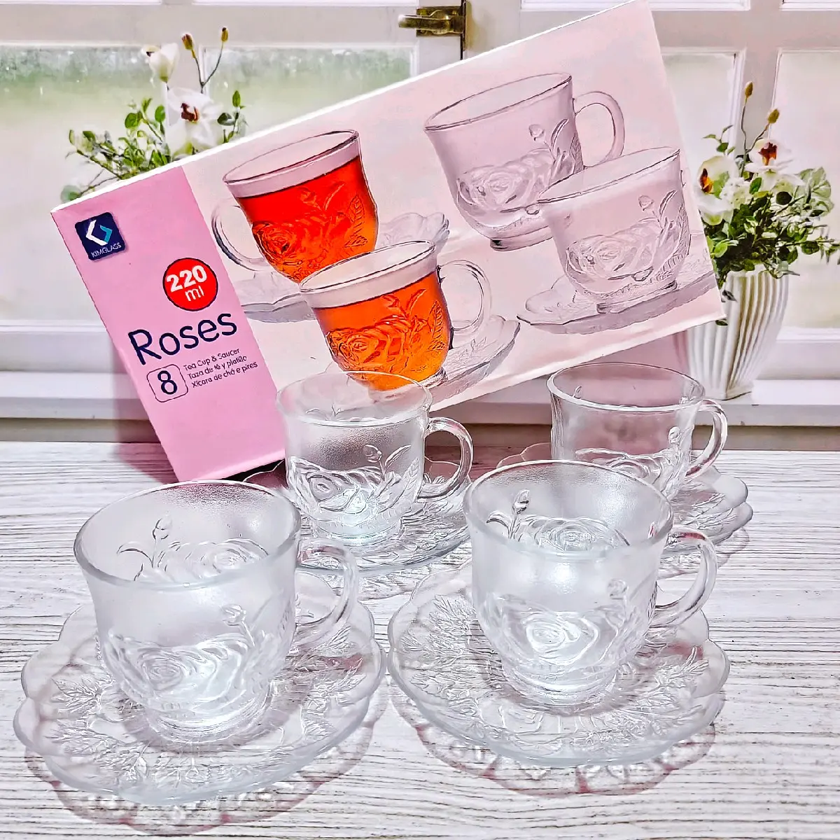 TERLARIS CANGKIR SET 8 PCS ISI 4 CANGKIR 4 PIRING TATAKAN 220 ML MOTIF ROSE TERBARU Kaca
