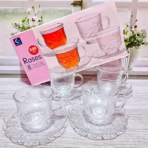 TERLARIS CANGKIR SET 8 PCS ISI 4 CANGKIR 4 PIRING TATAKAN 220 ML MOTIF ROSE TERBARU Kaca