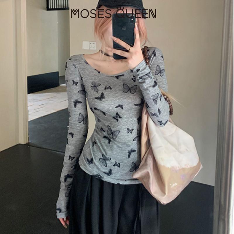 Áo Hoodie In Hình Bướm, Dễ Thương Và Gợi Cảm, Dành Cho Nữ, Phong Cách Mới Mùa Hè 2024, Ôm Sát, Tay Áo Dài, Cổ Tròn, Áo Trễ Vai, Thiết Kế Độc Đáo Nữ Hoàng Moses # 50, Áo # 62246