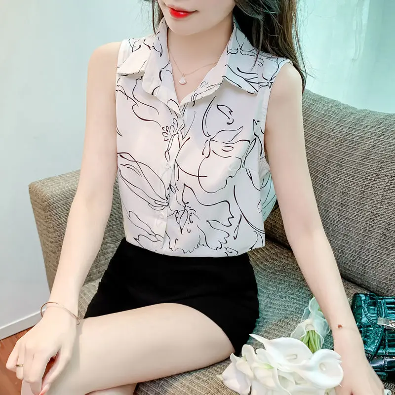 Áo Sơ Mi Hoa Cho Nữ, Thiết Kế Mới 2024, Phong Cách Mùa Hè, Vẻ Ngoài Thanh Lịch, Áo Không Tay Vải Voan, Độc Đáo Và Giấu Bụng 0