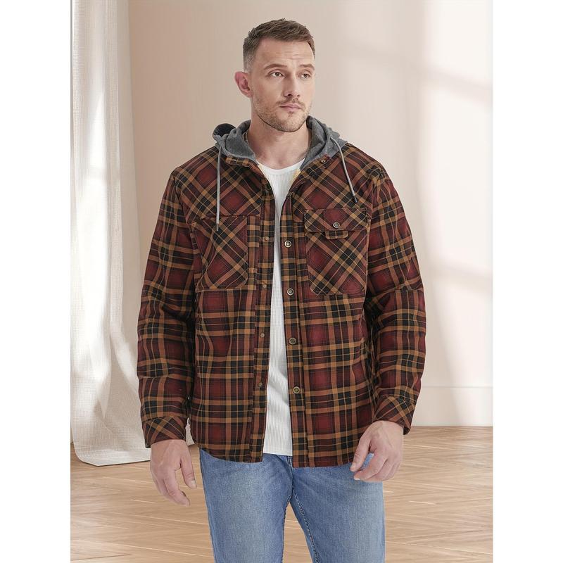 TikTok Shop Men s Plaid Splicing Hooded Fleece Lining Jacket Casual Stylish Long Sleeve Coat Spring And Autumn Outdoor Clothes