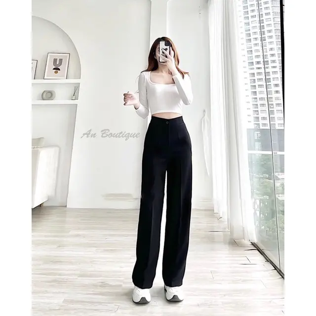 Quần Ống Suông Tuyết Mưa 1 Khuy Cạp Cao Khoá Trước, Quần Ống Rộng Culottes