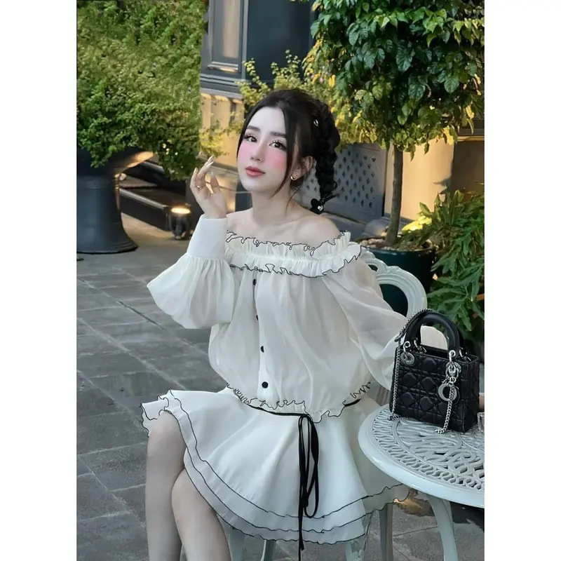 Váy trễ vai bèo viền đen chất tơ xốp dáng bí có quần rời - Nữ - Women - Tre Dress Teheeshop váy  tiệc 0