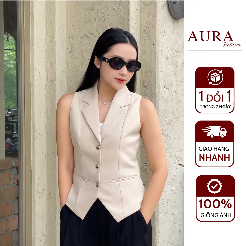 Áo gile nữ, áo vest công sở, áo blazer basic chất cotton ngắn tay may 2 lớp thanh lịch, phù hợp đi làm, đi chơi có chiết eo - AURA Vietnam