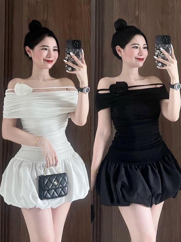 Váy Trễ Vai Hoa Hồng Thun Lạnh Thiết Kế Nhún Eo Tôn Dáng Có Lót Quần Bảo Hộ BLAPINK - ROSE DRESS