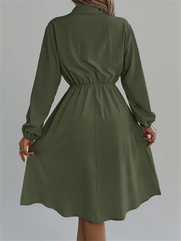 Women's Plain Flap Fake Pockets Dress, Casual Long Sleeve Collared Dress for Spring & Fall, Women's Clothing for Daily Wear 7