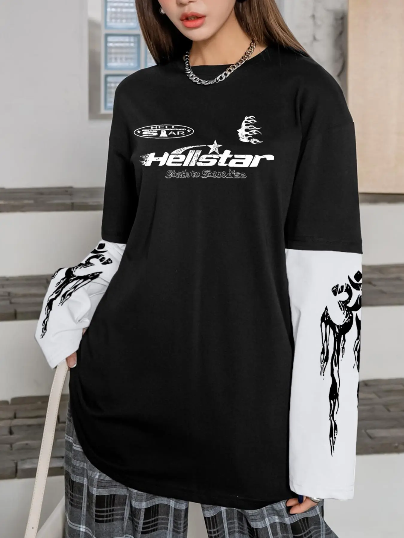 Women's Star Print Drop Shoulder Tee, Fashion Casual Long Sleeve Round Neck T-shirt for Daily Holiday Outdoor Wear, Ladies Clothes for Spring & Fall