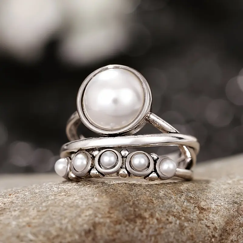 [Pearl Ring for Daily Party Wear] Fashion Bohemian Style Pearl Ring Ladies Daily Casual Party Holiday Band Ring Anniversary Commemorative Ring Gift 2