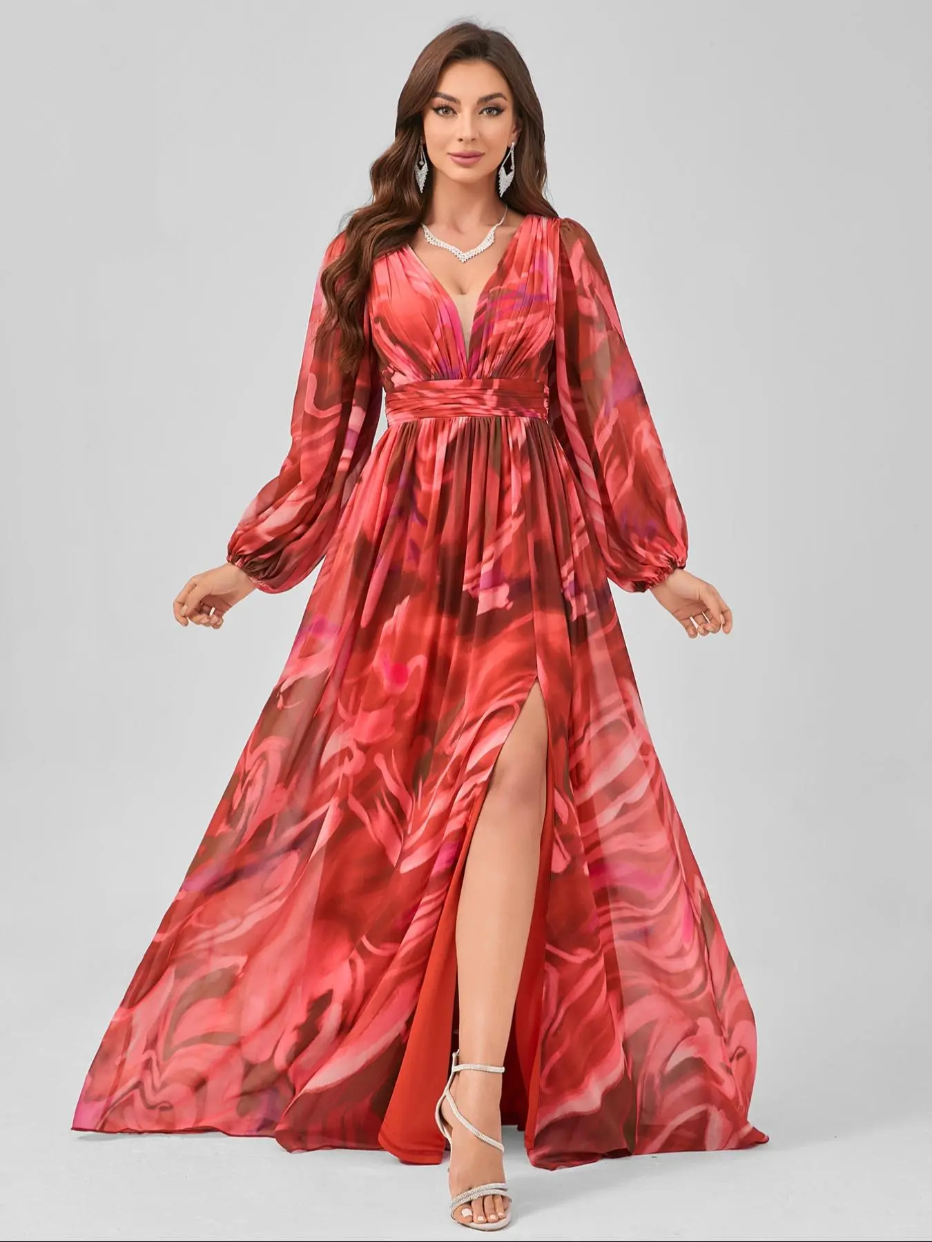 Women's Graphic Print Chiffon Dress, Elegant V Neck Bishop Sleeve Evening Party Gown, Ladies Clothes for All Seasons