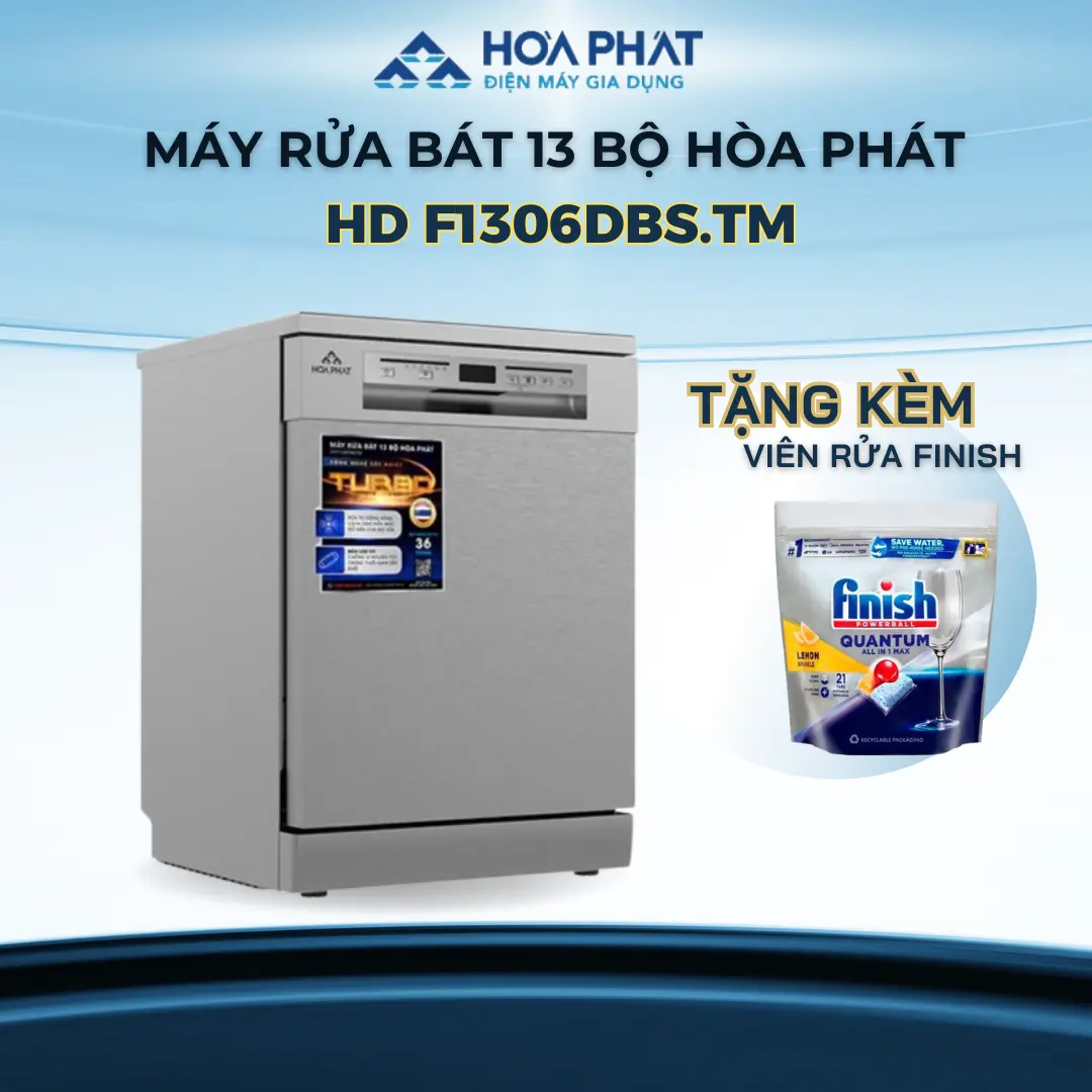 [Tặng viên rửa bát] Máy rửa chén bát 13 bộ Hòa Phát HD F1306DBS.TM, Công nghệ sấy nhiệt Turbo, UV-LED chống vi khuẩn, 6 chế độ rửa, 2 giàn rửa - Bảo hành 36 tháng tại nhà[Tặng kèm viên rửa bát]
