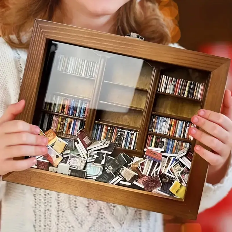 Wooden Book Shelf with 200pcs Miniature Books, 1 Count Decorative Bookshelf Statue, Home Decor for Book Lovers, Miniature Library, Office Decor Mini Bookshelf 3