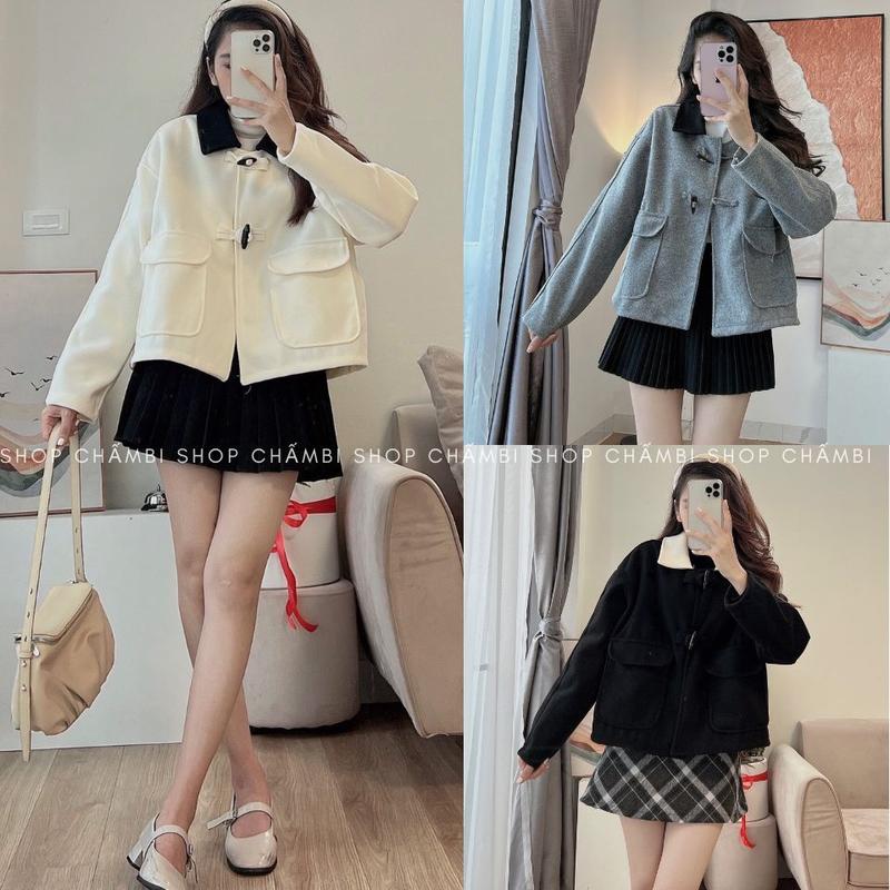 Áo dạ nữ A.566 Áo khoác dáng vừa tay dài đính khuy sừng túi nắp phối cổ đen - Shop Chấm Bi