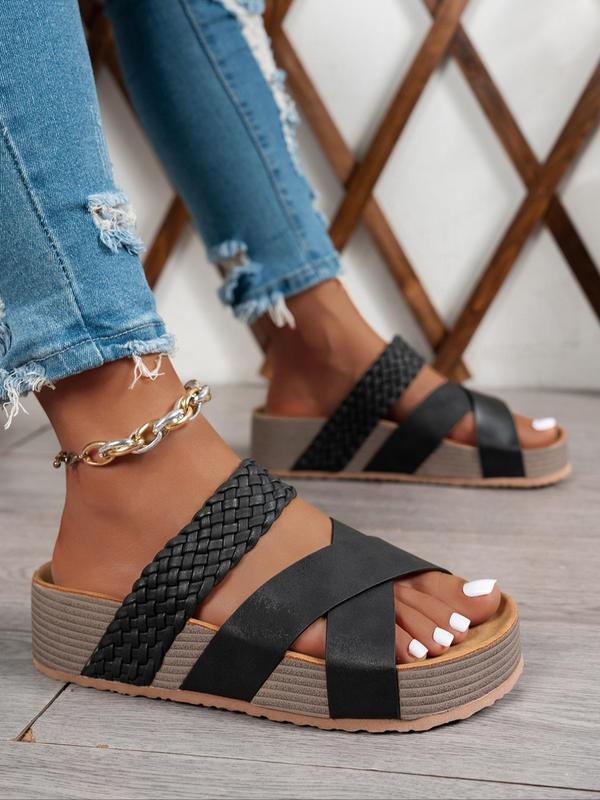 Women's Fashionable Plain Color Wide Band Platform Sandals, Casual Versatile Crossed Straps Sandals for Summer, Lightweight Breathable Comfortable Barefoot Shoes for Daily Wear, Girl 3
