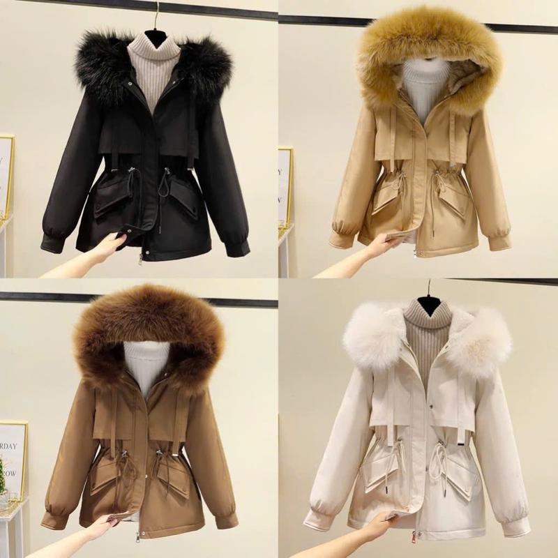 Áo khoác parkar phao lót lông ấm áp form rộng rút eo trắng nâu đen hàn quốc, Áo phao mùa đông dáng dài, SEE STORE