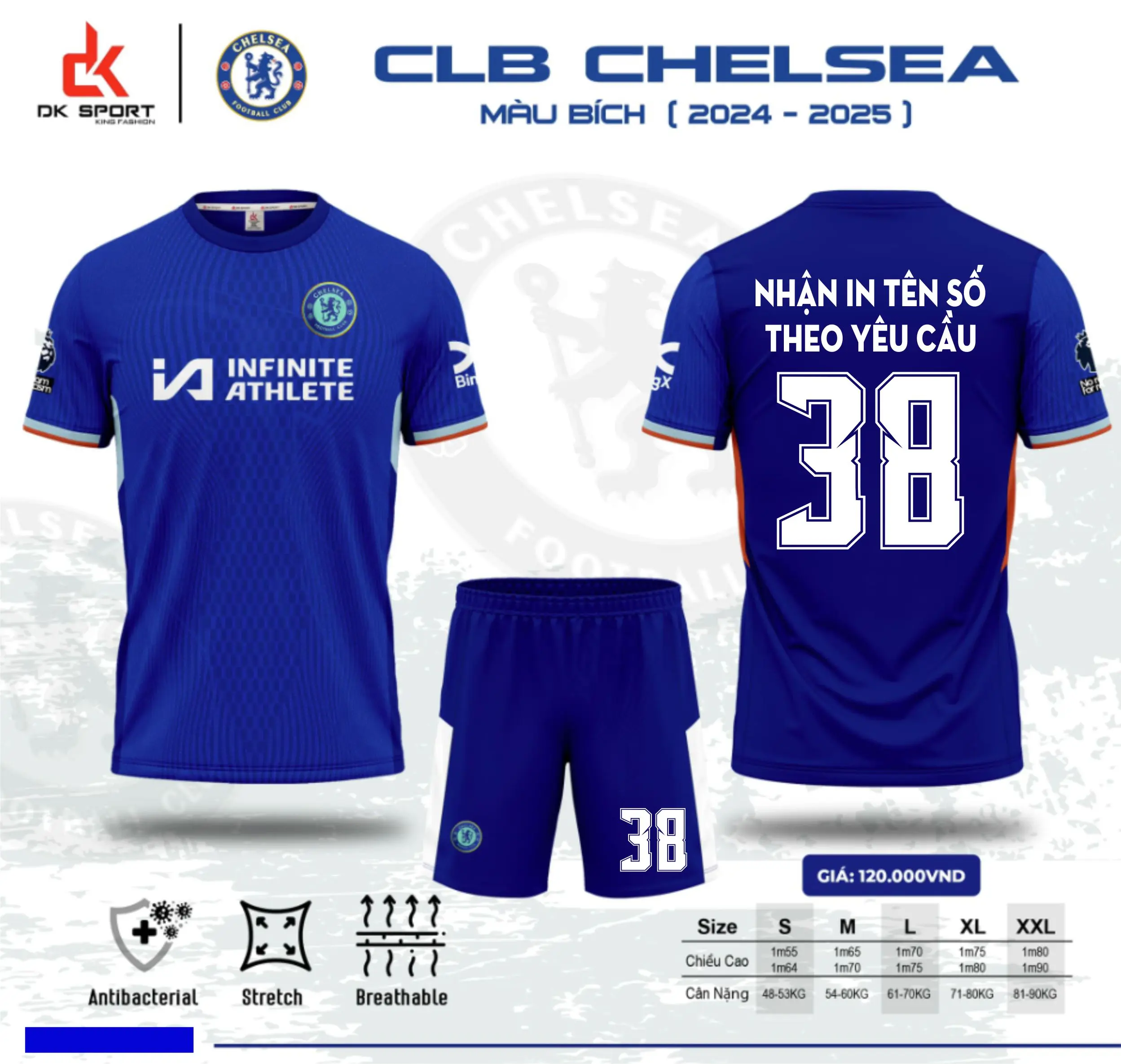 Áo đá bóng CLB Chelsea màu Xanh Bích DK 2425, Vải thun lạnh, logo áo quần thêu, có dây rút quần, vải thun lạnh thấm hút, co giãn thoải mái.