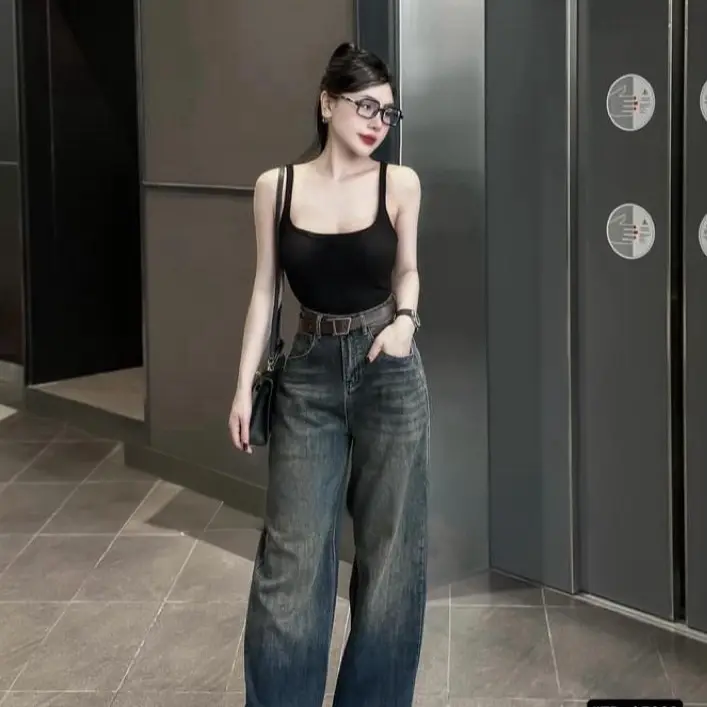 (S-2Xl)HHCHOU-Quần Jeans Suông Trơn Màu Đậm Có Phủ Dơ Vải Qc mềm có 2 chiều dài 103cm và 95cm H3344 Women Pants | BigBuy360 - bigbuy360.vn