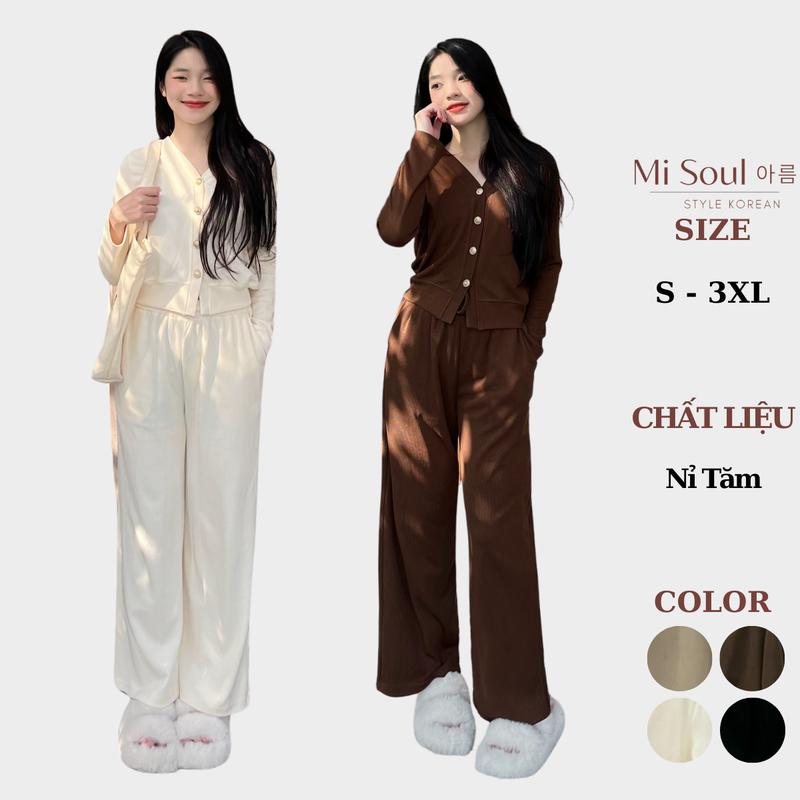 Set Bộ Áo Khoác Dài Tay Chất Tăm Nỉ Kèm Quần Dài Cùng Màu BigSize MiSoul, Set Cardigan Dài 236 Kem Nữ Women Nhung Top