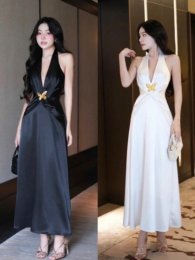 Product Introduction of Đầm lụa đi tiệc cổ yếm kèm tag vàng sang trọng Nữ Voi Women Nhung Kem - Sen 6