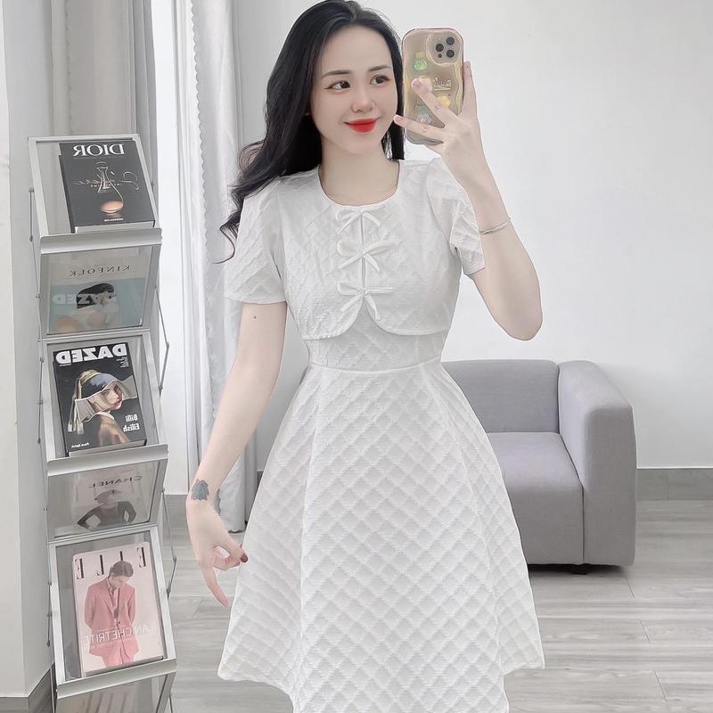 Product Introduction of Đầm xinh tùng xoè 3 nơ - chất vải thoi- thương Váy chữ A Nữ Women Trắng Dress D240 2