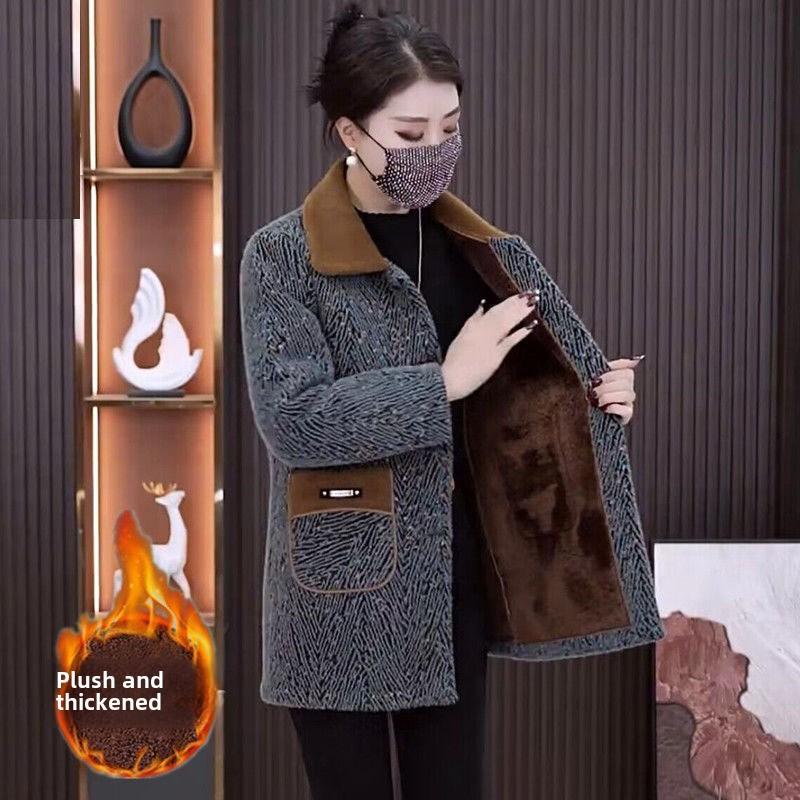 Product Introduction of Áo khoác ngoài dày dặn, lót lông cừu mùa đông của mẹ, dài Trung Bình áo khoác đệm bông ấm áp 1