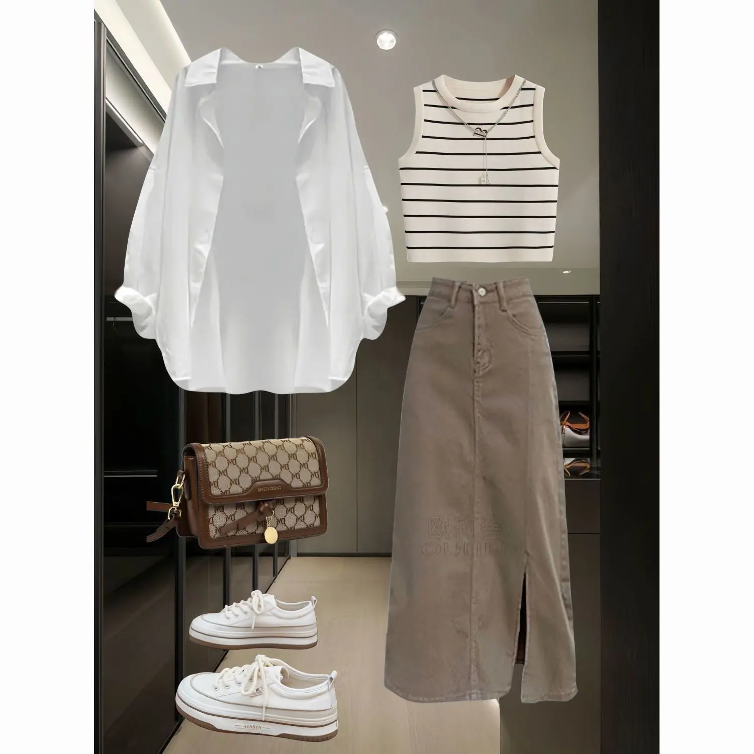 Summer Wear a Set of Women's 2024 New Shirt Striped Loose Strap with Denim Skirt Three-Piece Suit Fashion