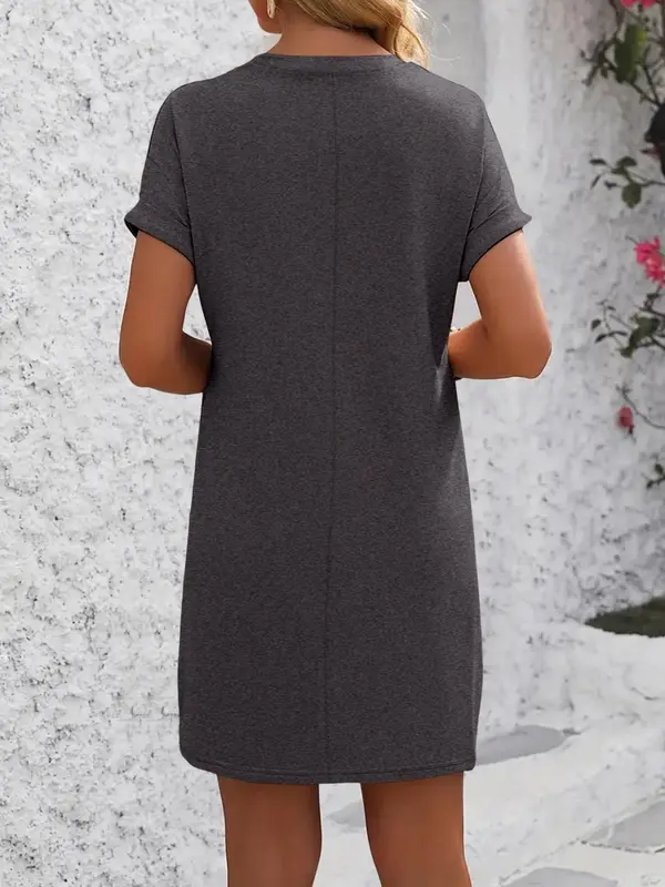 Women's Plain Curved Hem Raglan Sleeve Tee Dress, Casual Short Sleeve Round Neck Dress for Spring & Fall, Ladies Clothes for Daily Wear 1
