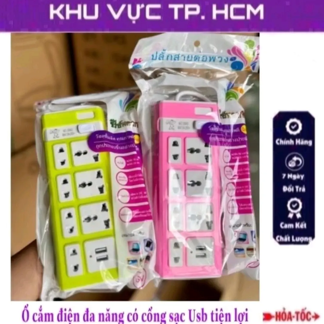 Siêu phẩm Ổ điện đa năng chống giật có 2 cổng USB hàng Thái Lan - Siêu tiện dụng, có đầu 2 trấu, 3 trấu