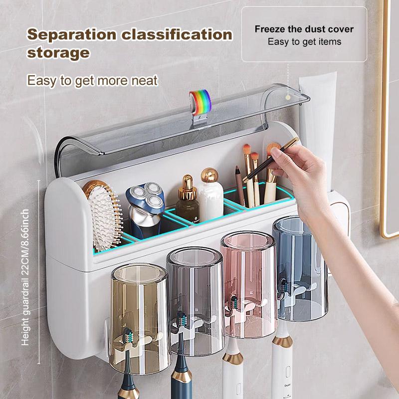 Product Introduction of Wall-mounted Toothbrush Holder, 1 Set Punch-free Toothbrush Holder with Toothpaste Squeezer, Bathroom Supplies for Home Use 5