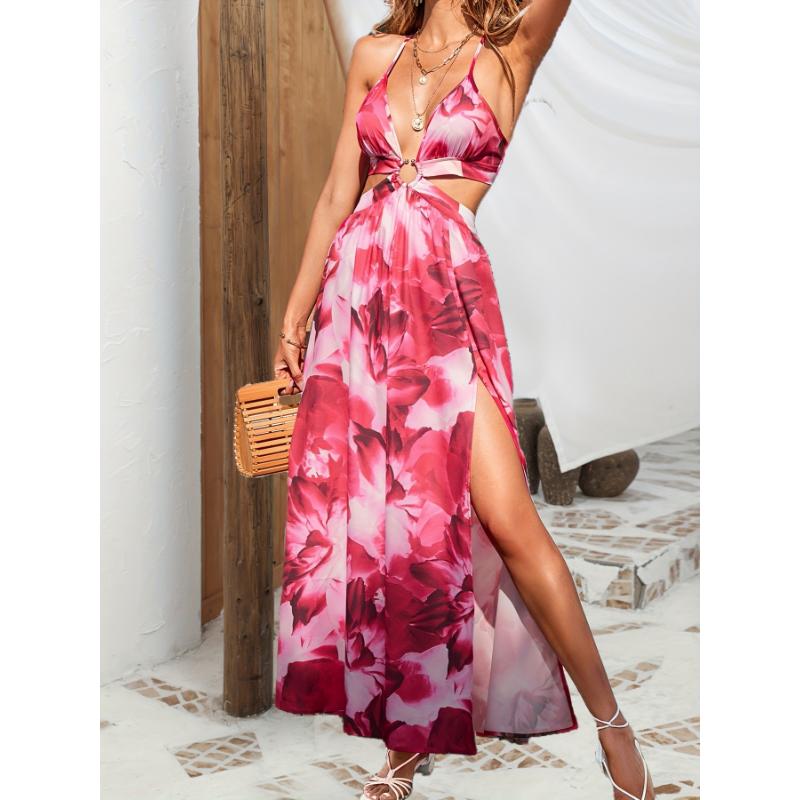 2022 Summer Floral Backless Halter High Split Hollow Out beach dress 2022 Summer Floral Backless Halter High Split Hollow Out beach dress