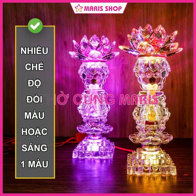Bộ 2 Cây Đèn HOA SEN PHA LÊ Cao 30cm Để Bàn Thờ Phật 2 Tầng LED Tự Đổi Màu