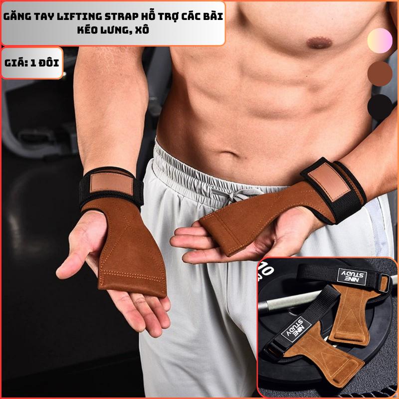 Găng Tay Tập GYM Da Bò - Dây kéo lưng Lifting Straps đa năng (1 Đôi)
