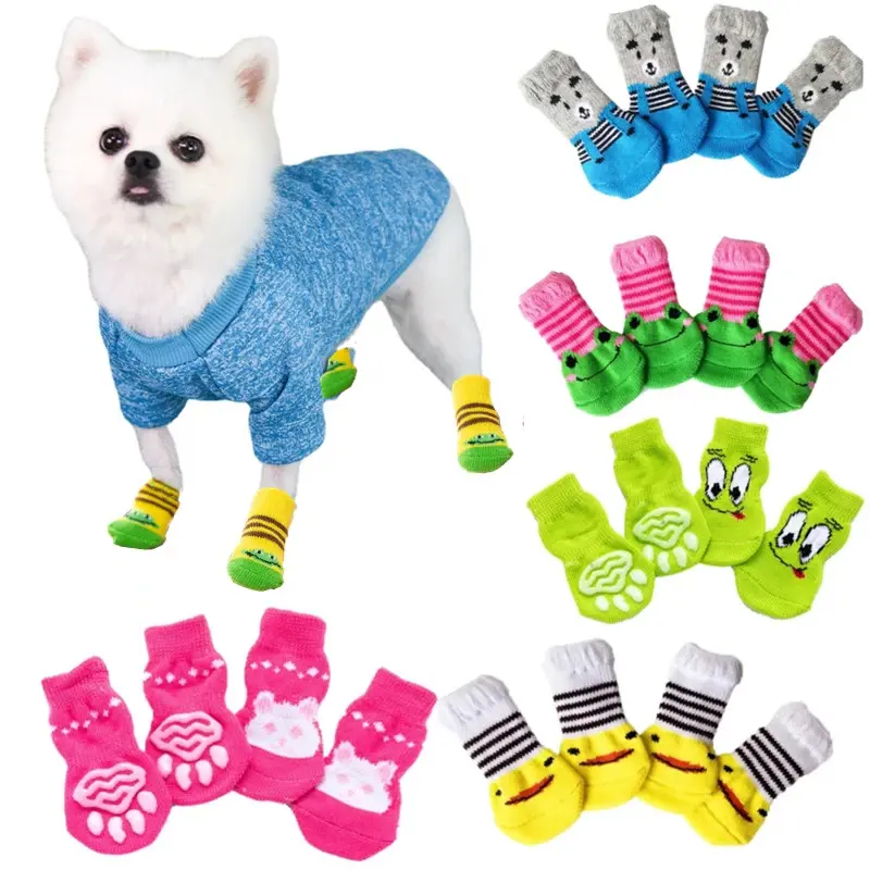 4Pcs Cute Pet Dog Socks with Print Anti-Slip Cats Puppy Shoes Paw Protector Products for Small Breeds Spitz York Dogs Chihuahua