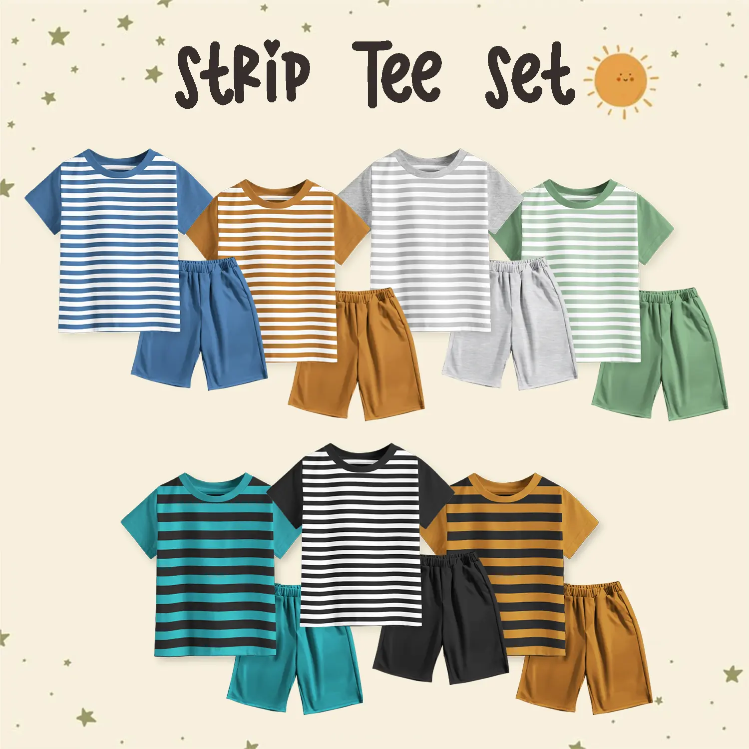 Setelan Kaos Salur Strip Anak Laki-laki dan Perempuan Setelan Kaos Lengan Pendek Dan Celana Pendek Fashion