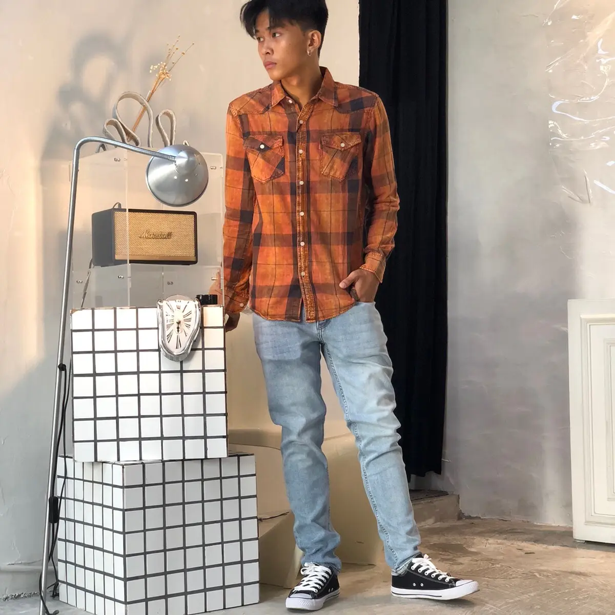 SƠ MI NAM WASH KẺ MÀU CAM 2 TÚI COTTON MỀM MÁT Cotton