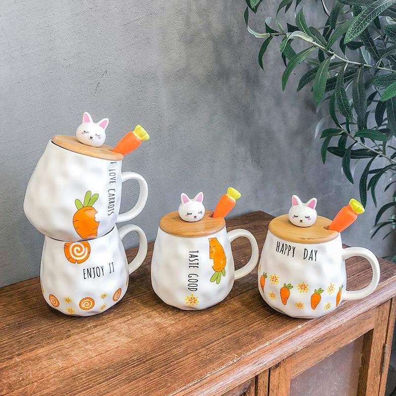 Ly sứ có nắp đậy hình thỏ dễ thương 400ml, cốc uống nước có quai kèm thìa carrot - TikTok Shop Vietnam