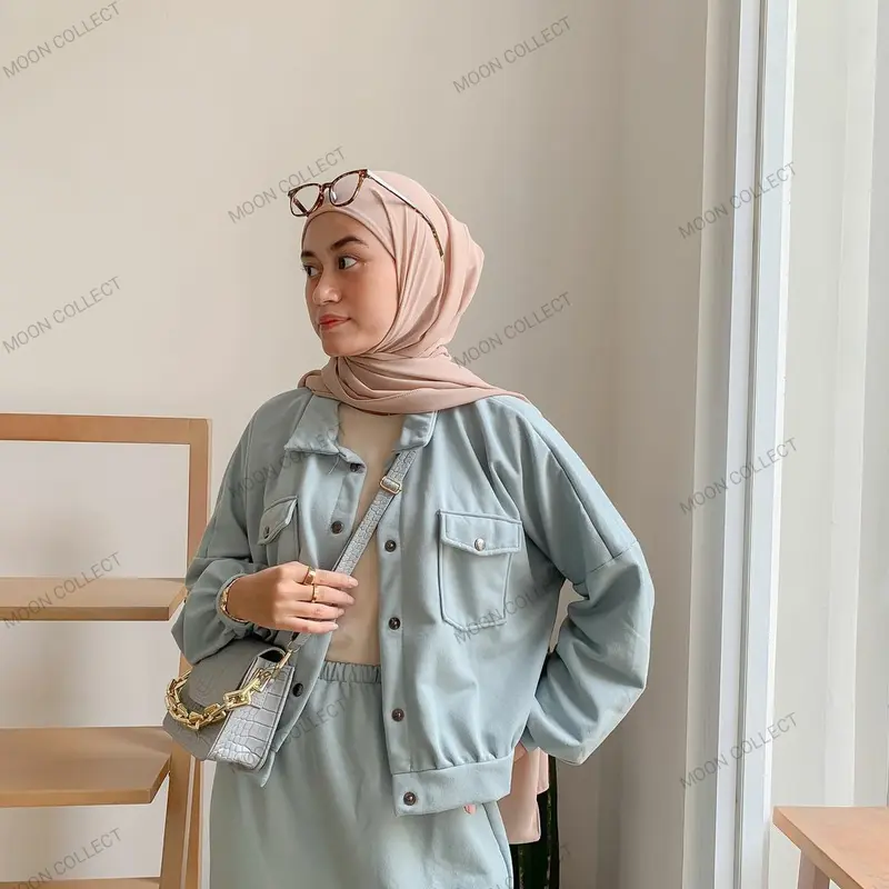 One Set Jaket Bomber Varsity Rok Basic Polos Outer Wanita Oversize | Moon Collect 1