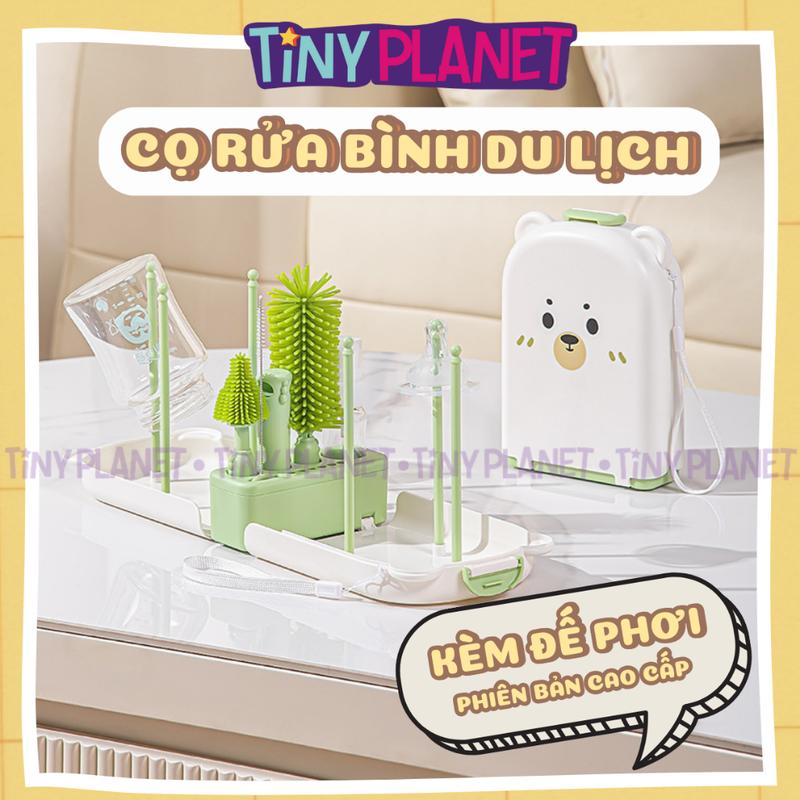 Bộ cọ rửa bình sữa silicon du lịch kèm đế phơi gấp gọn gàng Tiny Planet mã cao cấp