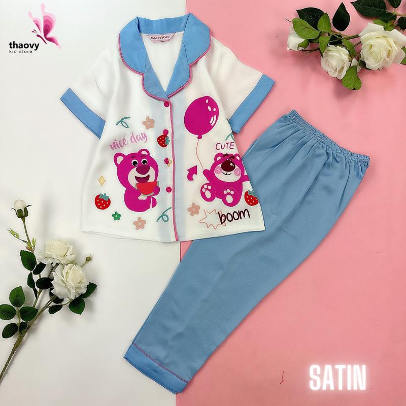 [10-57Kg] Đồ Bộ Pijama Gấu Dâu Vải Lụa  cao cấp - - ThaoVySleepwear - Xanh Rêu Đỏ Hồng Tím - Quần Áo Ngủ Pijama Nữ - Bé Gái - Bộ Ngủ Lụa Đồ Bộ Mặc Nhà Homewear Sleepwear Không Nhăn Co Giãn Không Xù Giặt Không Rút