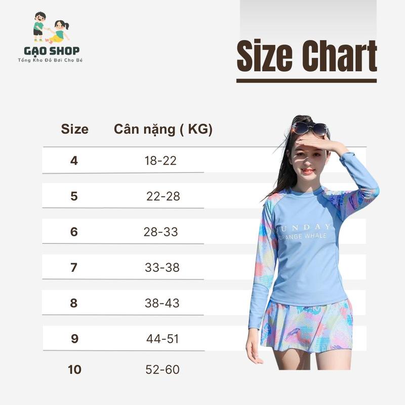 Bộ Đồ Bơi Bé Gái Polyeste Cao Cấp Dài Tay Quần Đùi Kèm Váy Size Lớn Sunday(18-60kg) Gạo Shop 7